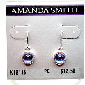 Amanda Smith Faux Gripoix Blue Glass Cabochon Drop Dangle Earrings Silver Tone